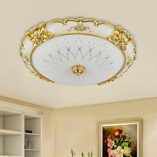 Vintage Frosted Glass Led Circular Dining Room Flush Light With Etching Flower Trim - Gold Ceiling