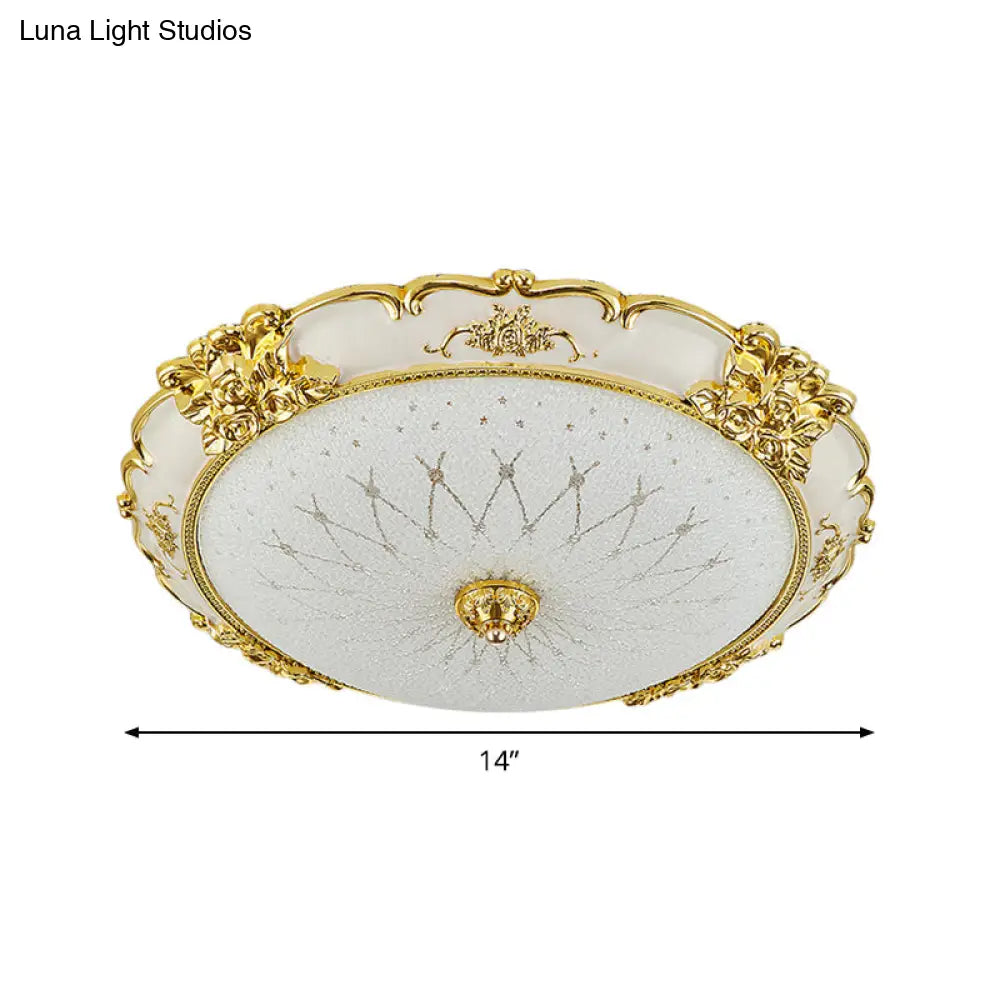 Vintage Frosted Glass Led Circular Dining Room Flush Light With Etching Flower Trim - Gold Ceiling