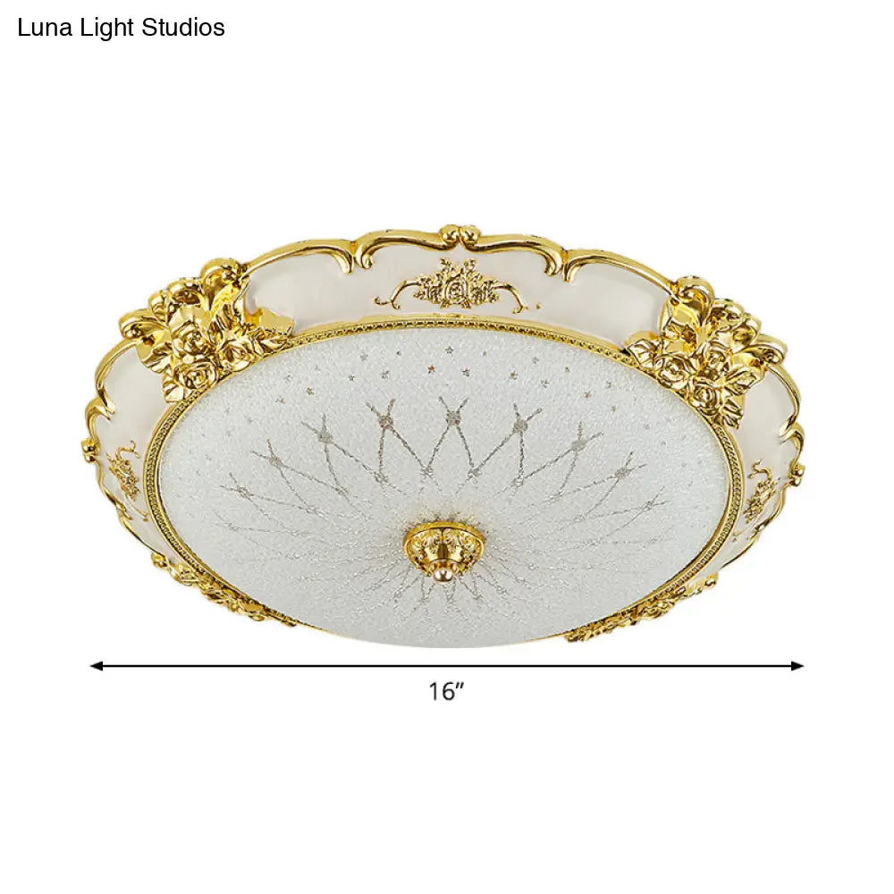 Vintage Frosted Glass Led Circular Dining Room Flush Light With Etching Flower Trim - Gold Ceiling