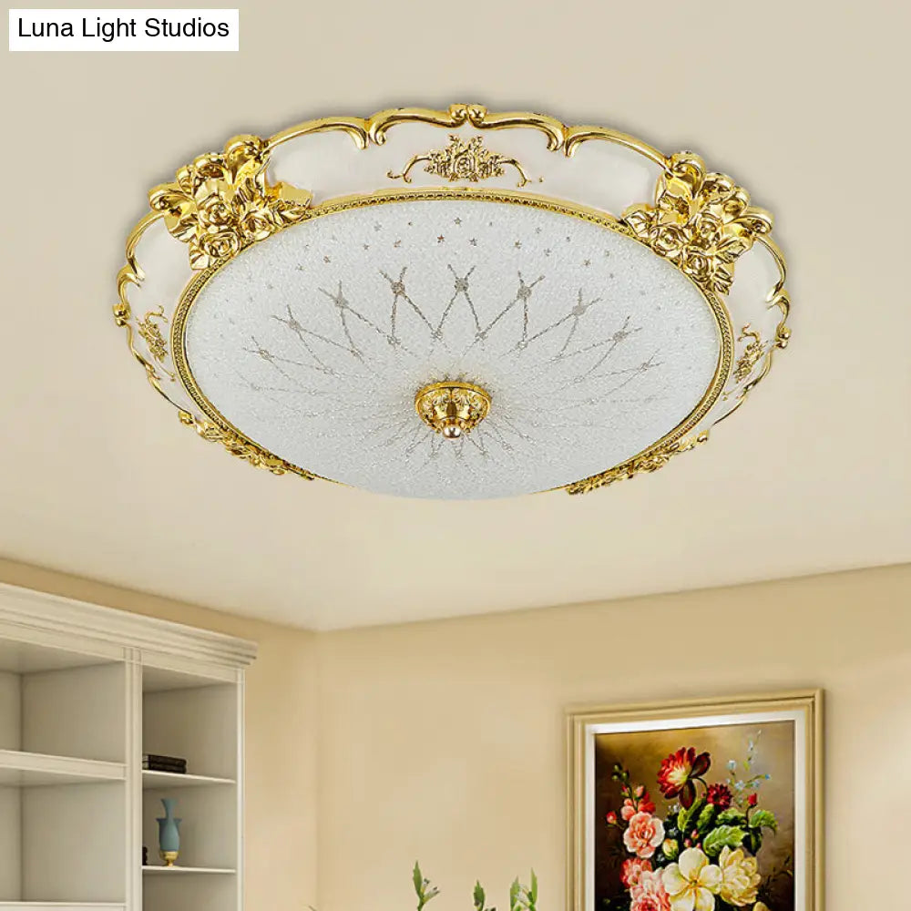 Vintage Frosted Glass Led Circular Dining Room Flush Light With Etching Flower Trim - Gold Ceiling