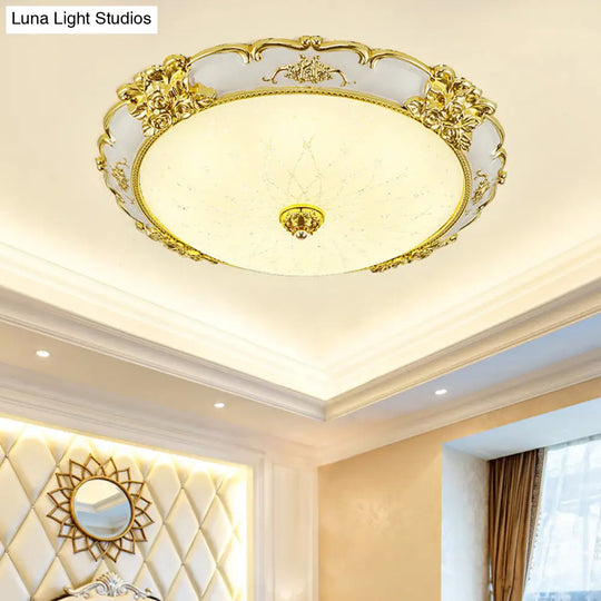 Vintage Frosted Glass Led Circular Dining Room Flush Light With Etching Flower Trim - Gold Ceiling