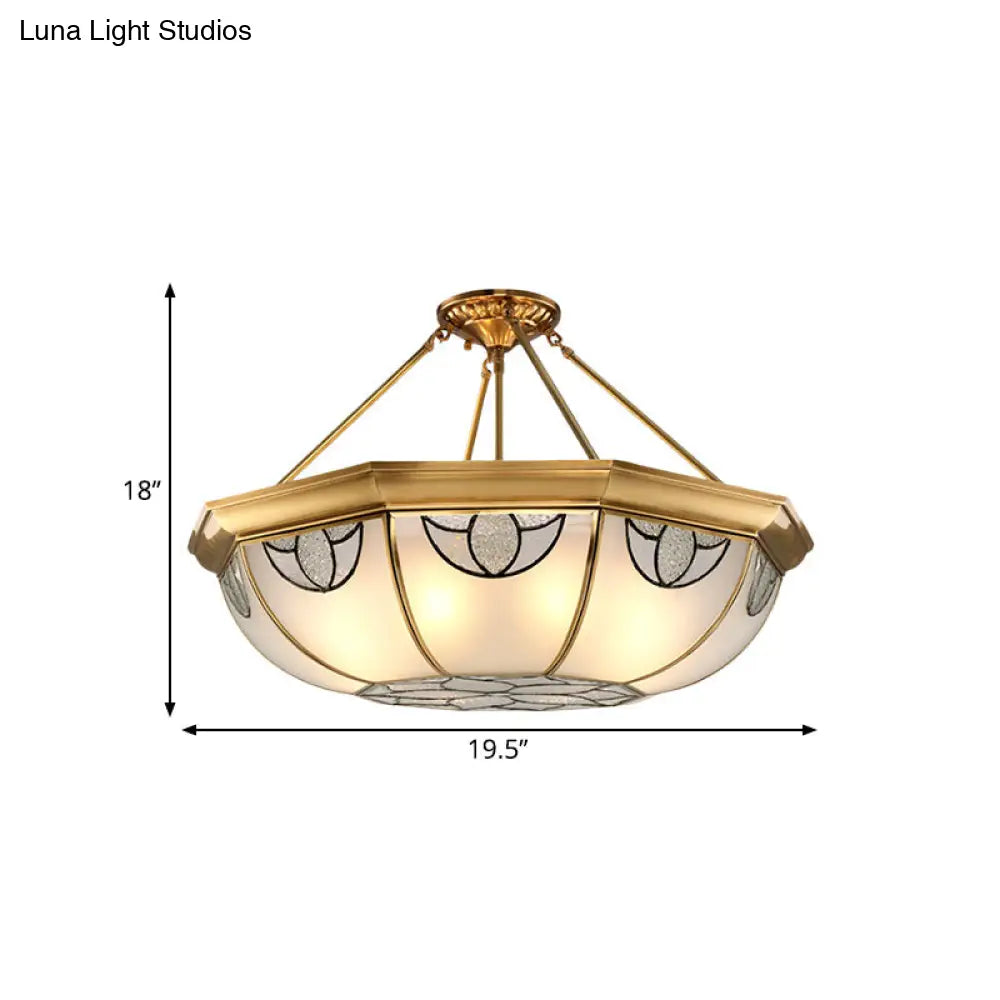 Vintage Frosted Glass Semi Mount Lighting With 4 Gold Lights - 16’/18’ Wide