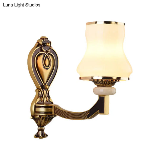 Vintage Frosted Glass Wall Lamp With Brass Mount - Urn Shape 1/2-Bulb Living Room Lighting