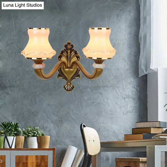 Vintage Frosted Glass Wall Lamp With Brass Mount - Urn Shape 1/2-Bulb Living Room Lighting