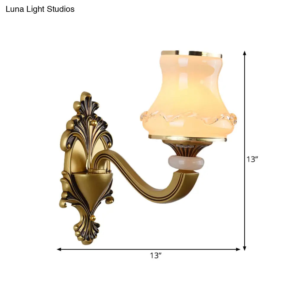 Vintage Frosted Glass Wall Lamp With Brass Mount - Urn Shape 1/2-Bulb Living Room Lighting