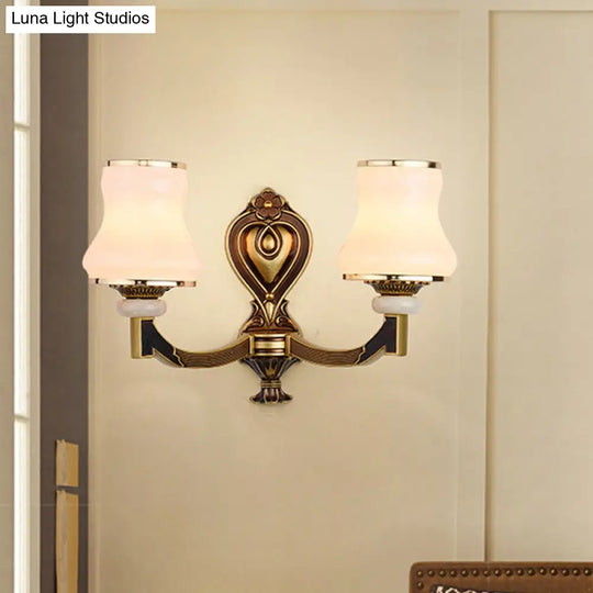 Vintage Frosted Glass Wall Lamp With Brass Mount - Urn Shape 1/2-Bulb Living Room Lighting