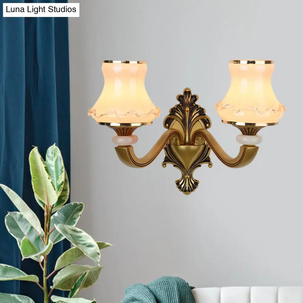 Vintage Frosted Glass Wall Lamp With Brass Mount - Urn Shape 1/2-Bulb Living Room Lighting