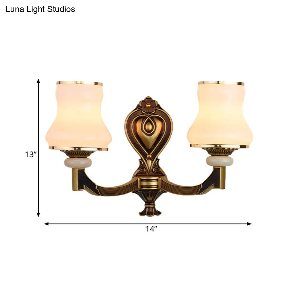 Vintage Frosted Glass Wall Lamp With Brass Mount - Urn Shape 1/2-Bulb Living Room Lighting