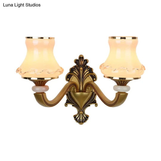 Vintage Frosted Glass Wall Lamp With Brass Mount - Urn Shape 1/2-Bulb Living Room Lighting