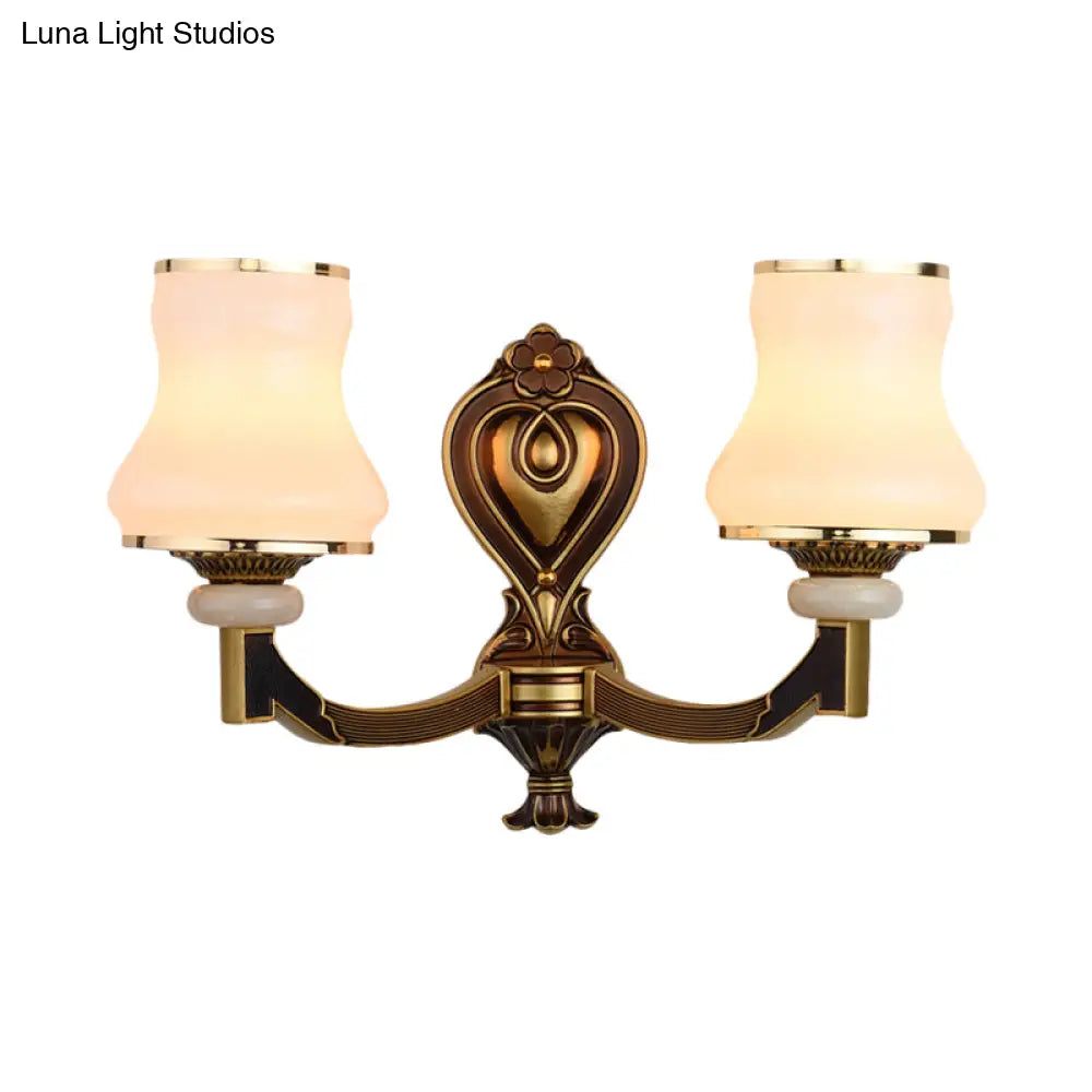 Vintage Frosted Glass Wall Lamp With Brass Mount - Urn Shape 1/2-Bulb Living Room Lighting