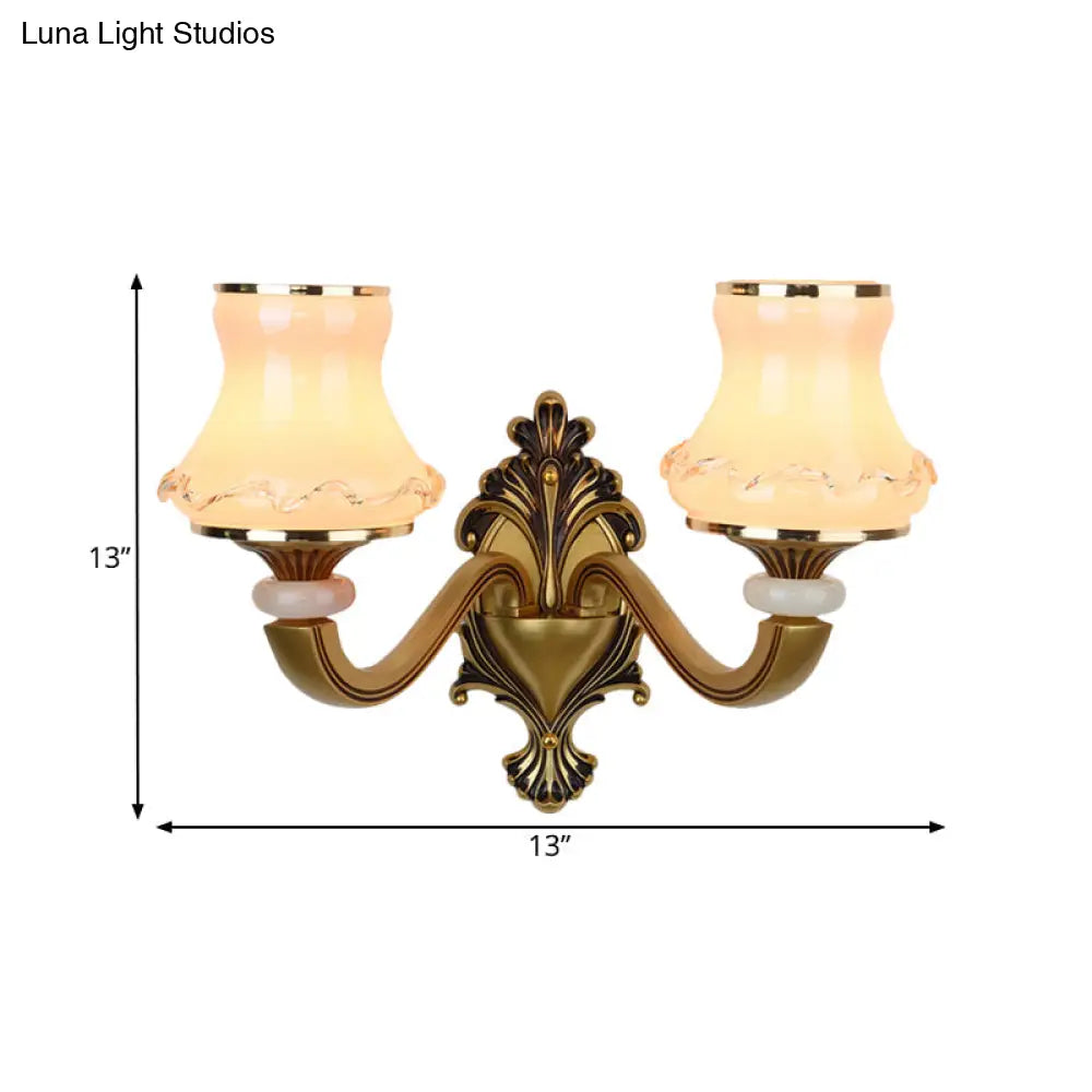 Vintage Frosted Glass Wall Lamp With Brass Mount - Urn Shape 1/2-Bulb Living Room Lighting