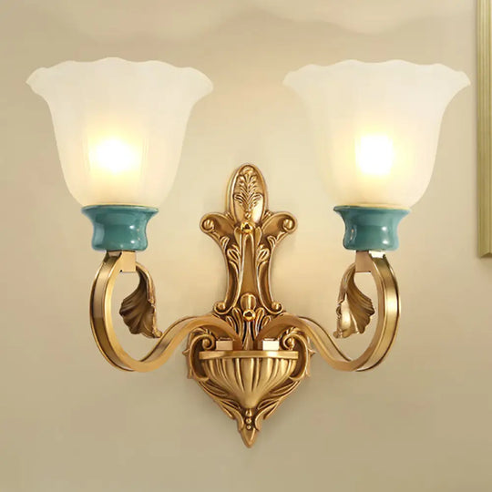 Vintage Frosted Glass Wall Mount Lamp With Gold Finish - Petal Shade Bedroom Sconce 2 /