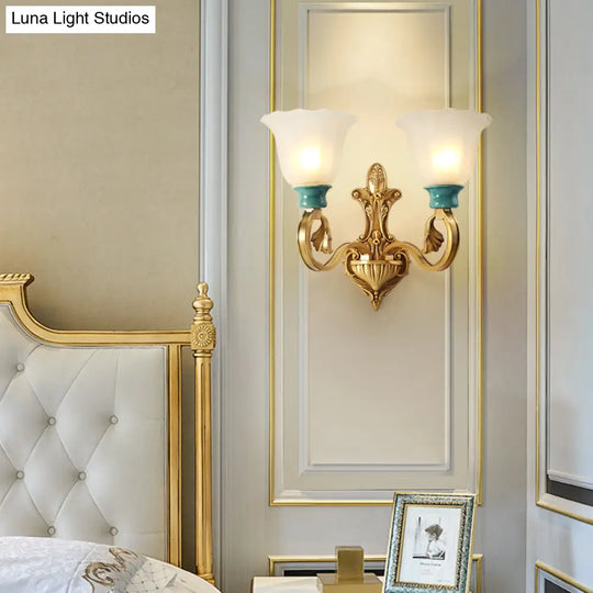 Vintage Frosted Glass Wall Mount Lamp With Gold Finish - Petal Shade Bedroom Sconce