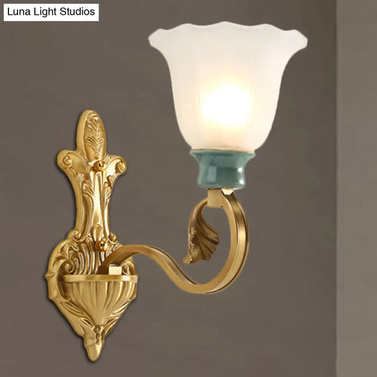 Vintage Frosted Glass Wall Mount Lamp With Gold Finish - Petal Shade Bedroom Sconce