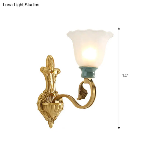 Vintage Frosted Glass Wall Mount Lamp With Gold Finish - Petal Shade Bedroom Sconce