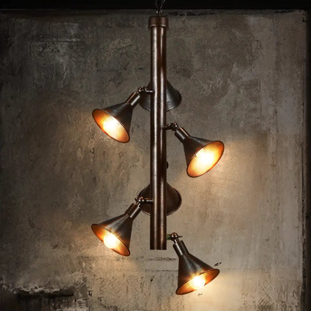 Vintage Funnel Chandelier Lamp - 6-Head Iron Angle Adjustable Pendant Light In Bronze