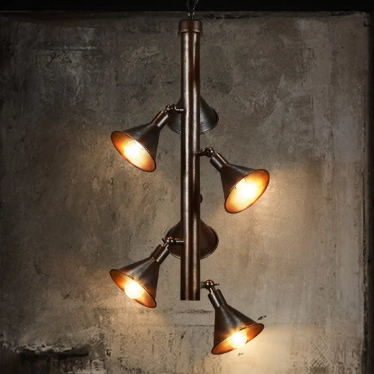 Vintage Funnel Chandelier Lamp - 6-Head Iron Angle Adjustable Pendant Light In Bronze