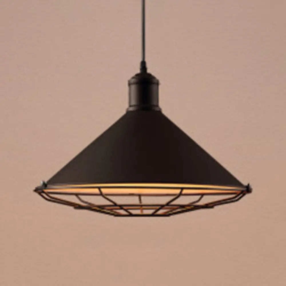 Vintage Funnel Shade Ceiling Light With Wire Guard - Stylish & Metallic Pendant Lighting (Black 1