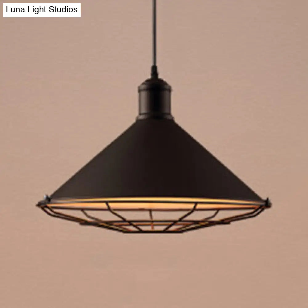 Vintage Stylish Funnel Shade Hanging Ceiling Light With Wire Guard Metallic Pendant 1 Bulb In Black