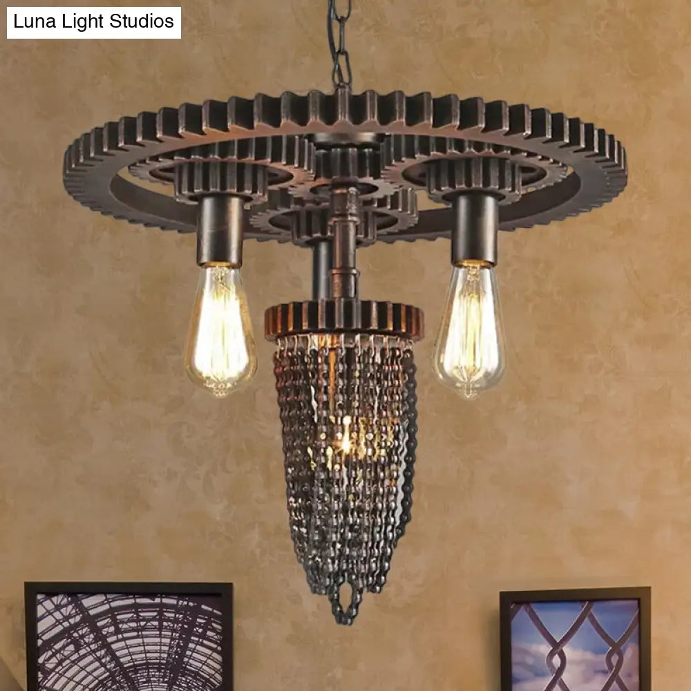 Vintage Gear Design Iron Chandelier Lamp With Exposed Bulb - Bronze