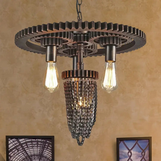 Vintage Gear Design Iron Pendant Light With Exposed Bulb - Bronze Chandelier Lamp