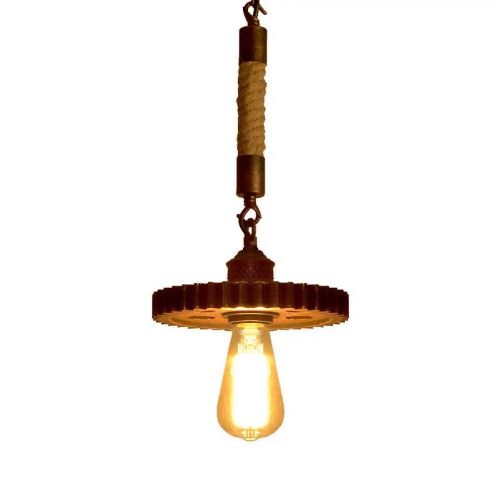 Vintage Gear Metal Pendant Light Kit - 1/5-Light Down Lighting In Rust For Coffee Shop With Rope