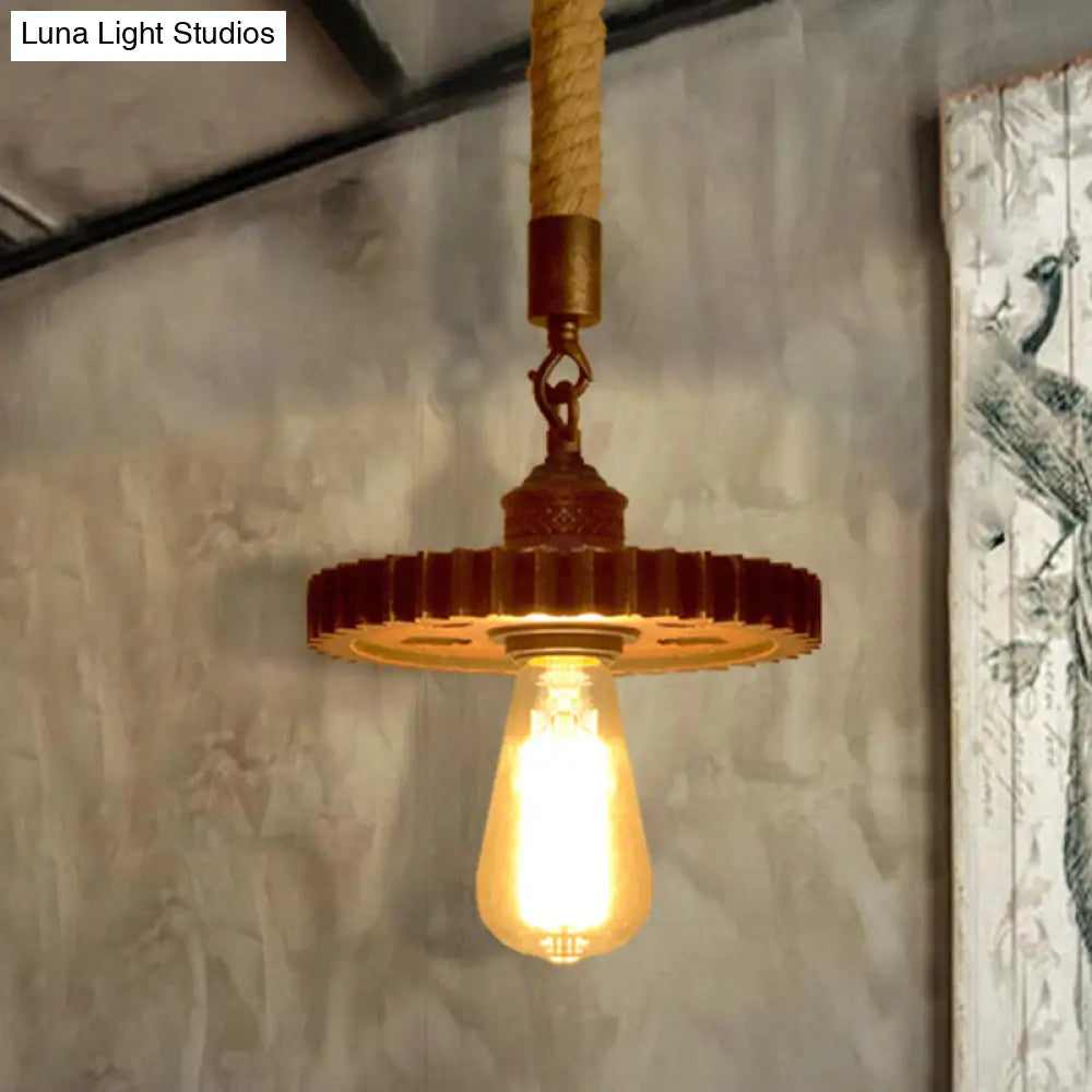 Vintage Gear Metal Pendant Light Kit - 1/5-Light Down Lighting In Rust For Coffee Shop With Rope Rod