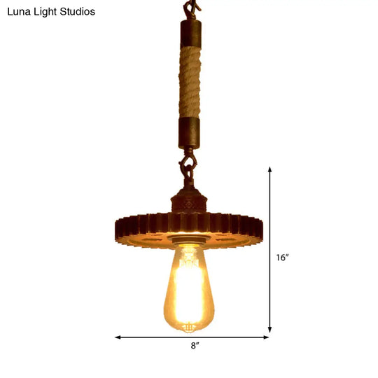 Vintage Gear Metal Pendant Light Kit - 1/5-Light Down Lighting In Rust For Coffee Shop With Rope Rod