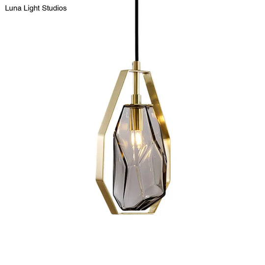 Retro Smoke Grey/Cognac Glass Gemstone Pendant Light With Brass Frame - Head Suspended Ideal For