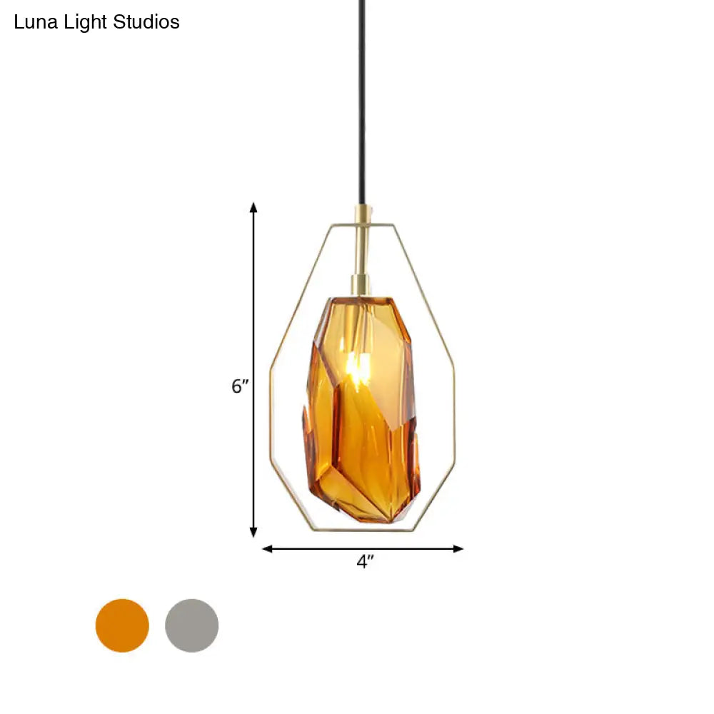 Retro Smoke Grey/Cognac Glass Gemstone Pendant Light With Brass Frame - Head Suspended Ideal For