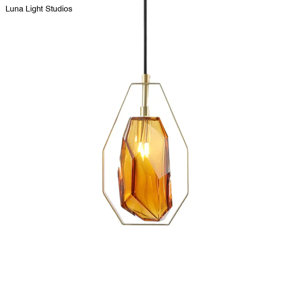 Retro Smoke Grey/Cognac Glass Gemstone Pendant Light With Brass Frame - Head Suspended Ideal For