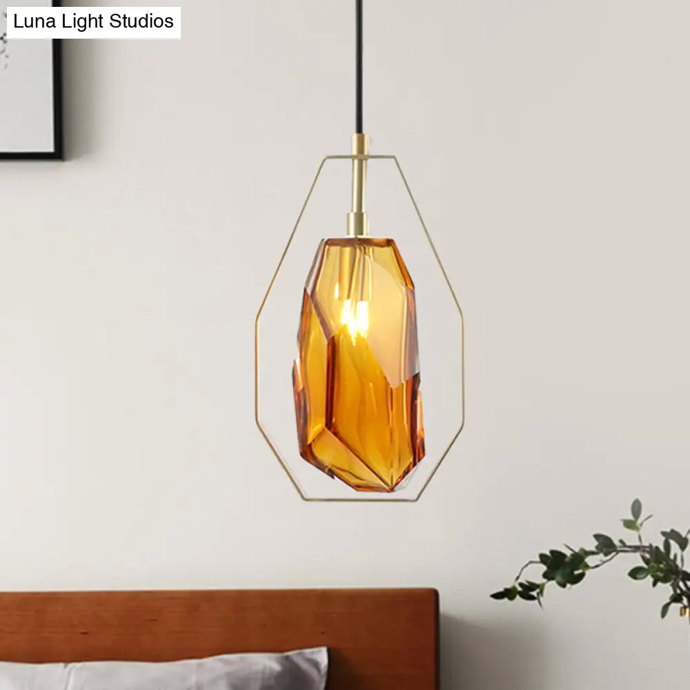 Retro Smoke Grey/Cognac Glass Gemstone Pendant Light With Brass Frame - Head Suspended Ideal For