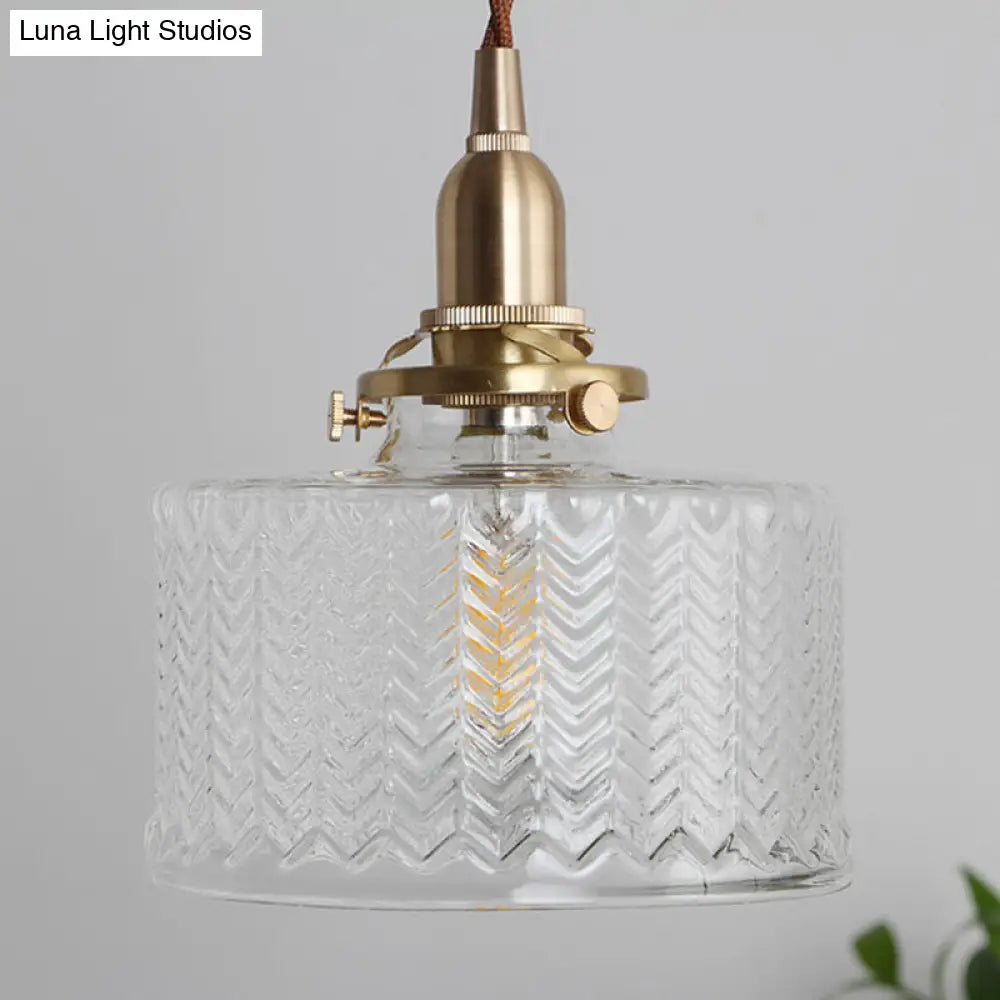 Vintage Geometrical Blown Glass Pendant Hanging Lamp In Gold - 1-Light For Restaurants / Cylinder