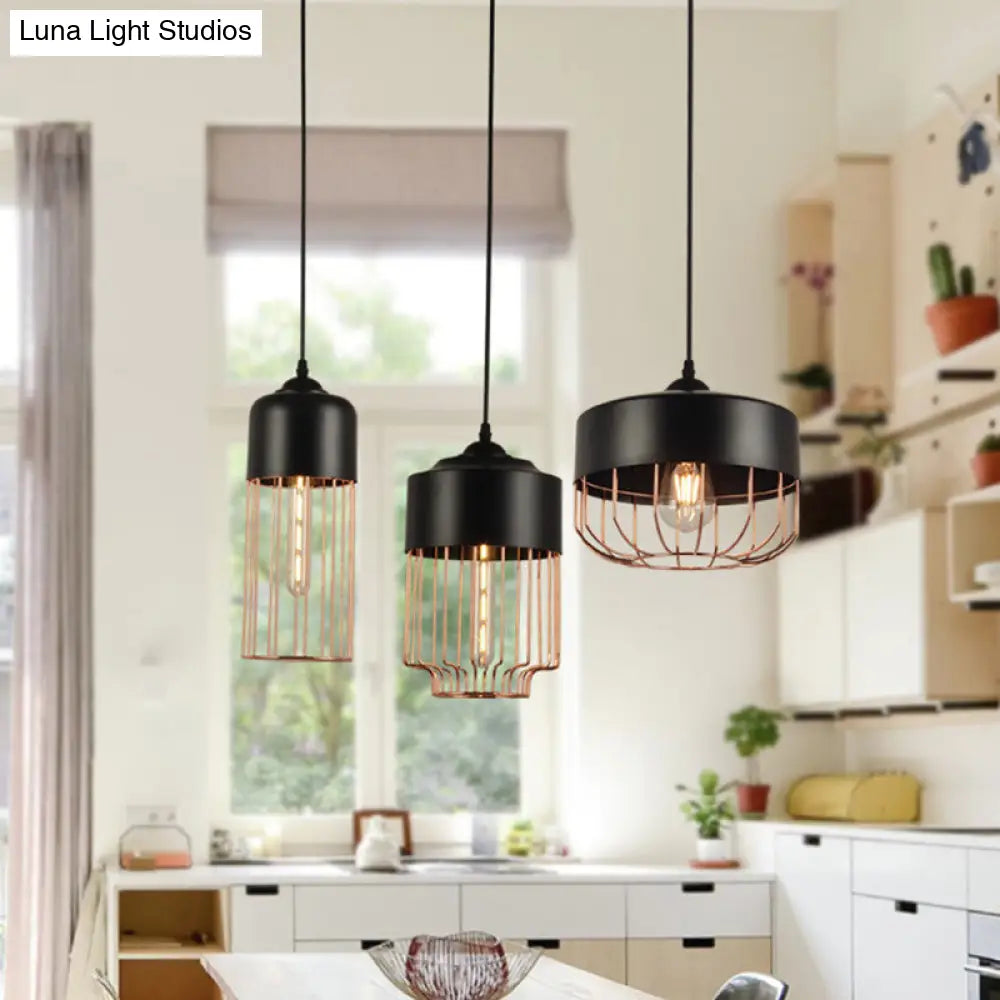 Geometric Cage Pendant Light - Antique Black Iron Ideal For Dining Room Décor