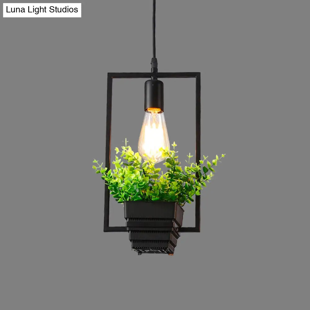 Vintage Geometric Iron Pendant Lamp With Hanging Single-Bulb And Artificial Plant Black / A