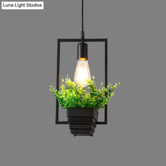 Vintage Geometric Iron Pendant Lamp With Hanging Single-Bulb And Artificial Plant Black / A