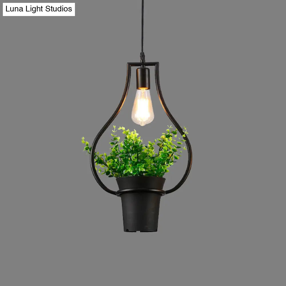 Vintage Geometric Iron Pendant Lamp With Hanging Single-Bulb And Artificial Plant Black / D