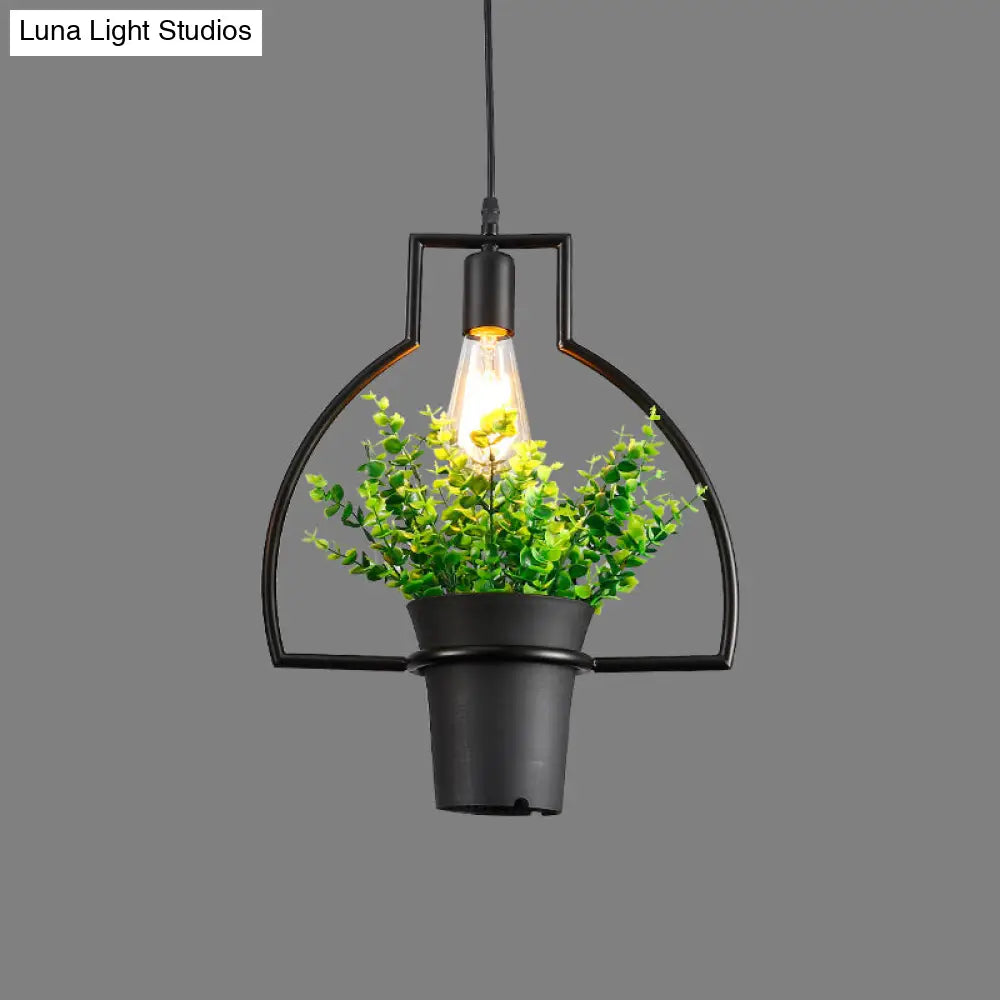 Vintage Geometric Iron Pendant Lamp With Hanging Single-Bulb And Artificial Plant Black / G