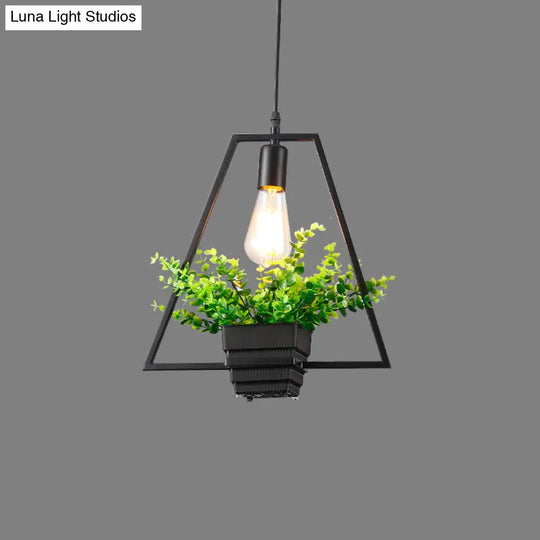 Vintage Geometric Iron Pendant Lamp With Hanging Single-Bulb And Artificial Plant Black / E