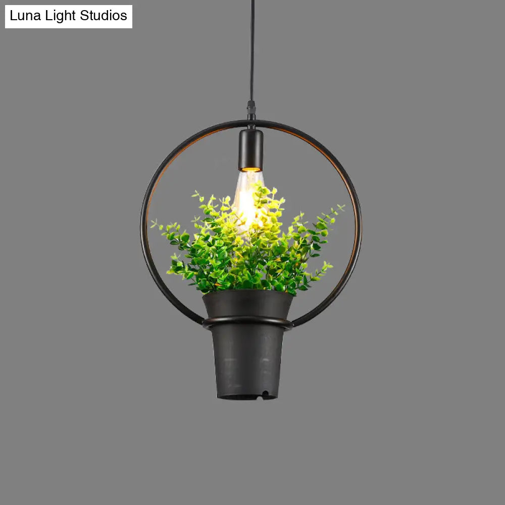 Vintage Geometric Iron Pendant Lamp With Hanging Single-Bulb And Artificial Plant Black / C