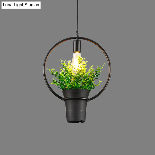 Vintage Geometric Iron Pendant Lamp With Hanging Single-Bulb And Artificial Plant Black / C