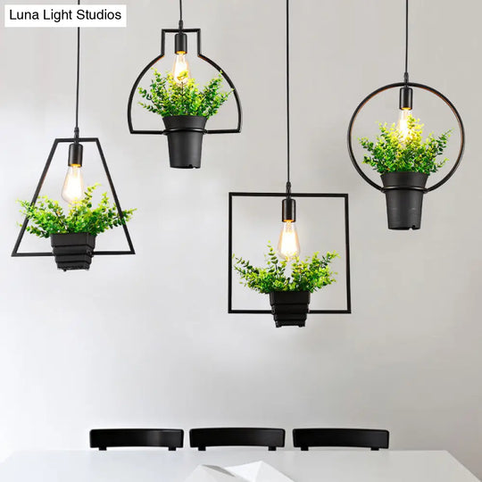 Vintage Geometric Iron Pendant Lamp With Hanging Single-Bulb And Artificial Plant Black