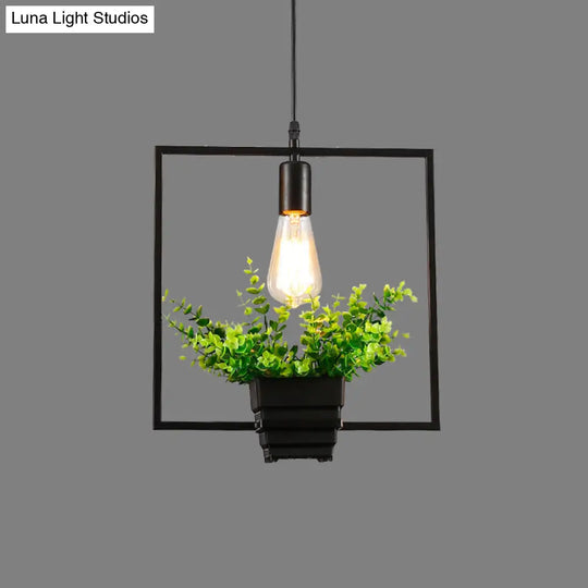 Vintage Geometric Iron Pendant Lamp With Hanging Single-Bulb And Artificial Plant Black / B