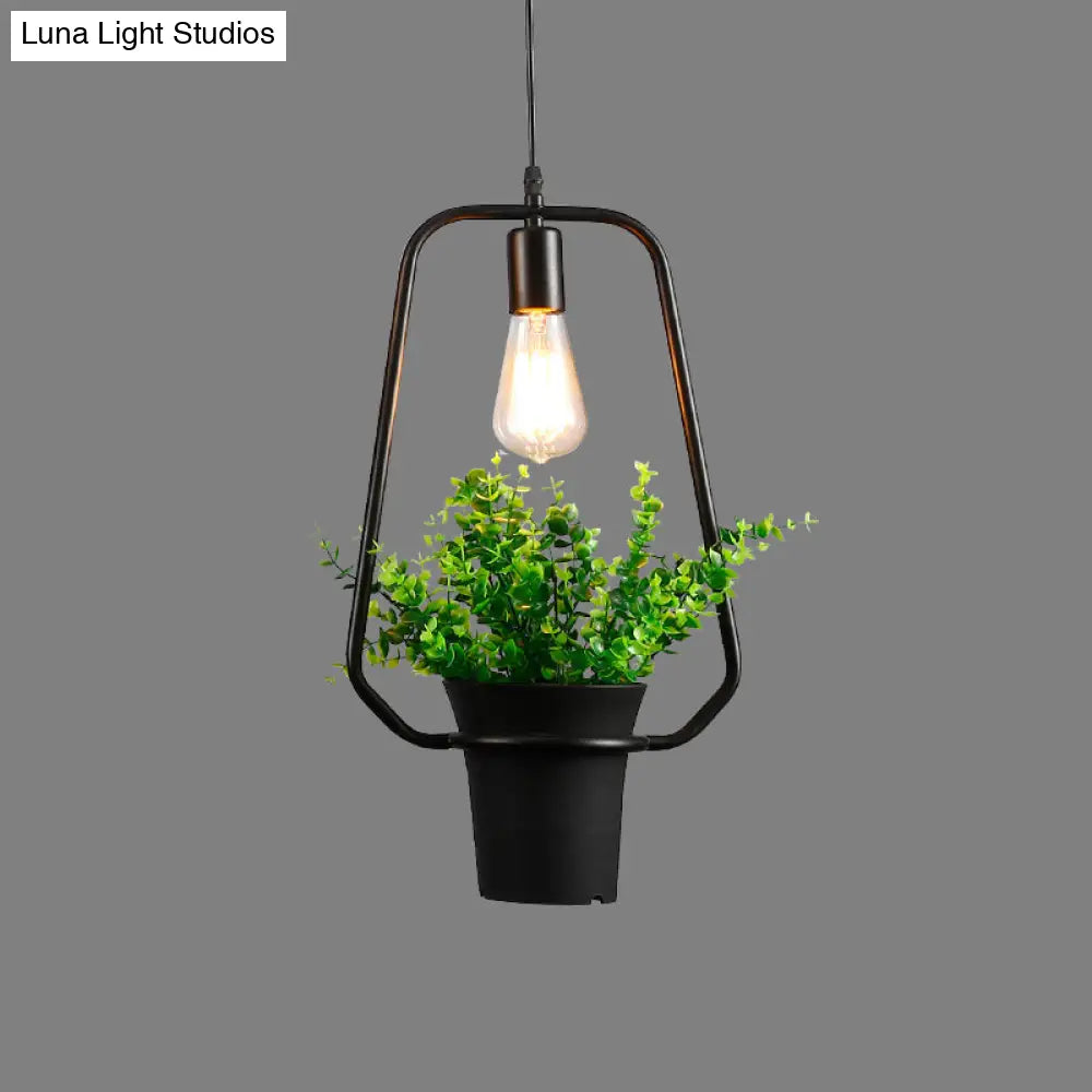 Vintage Geometric Iron Pendant Lamp With Hanging Single-Bulb And Artificial Plant Black / F