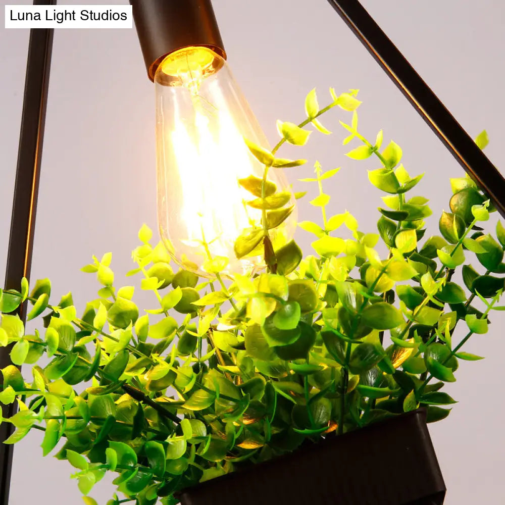 Vintage Geometric Iron Pendant Lamp With Hanging Single-Bulb And Artificial Plant Black