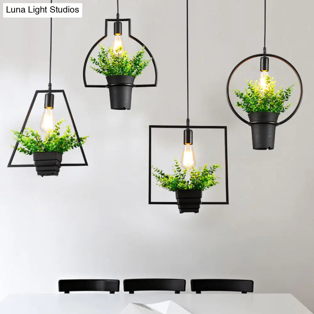 Vintage Geometric Hanging Lamp With Artificial Plant - Single-Bulb Iron Pendant In Black