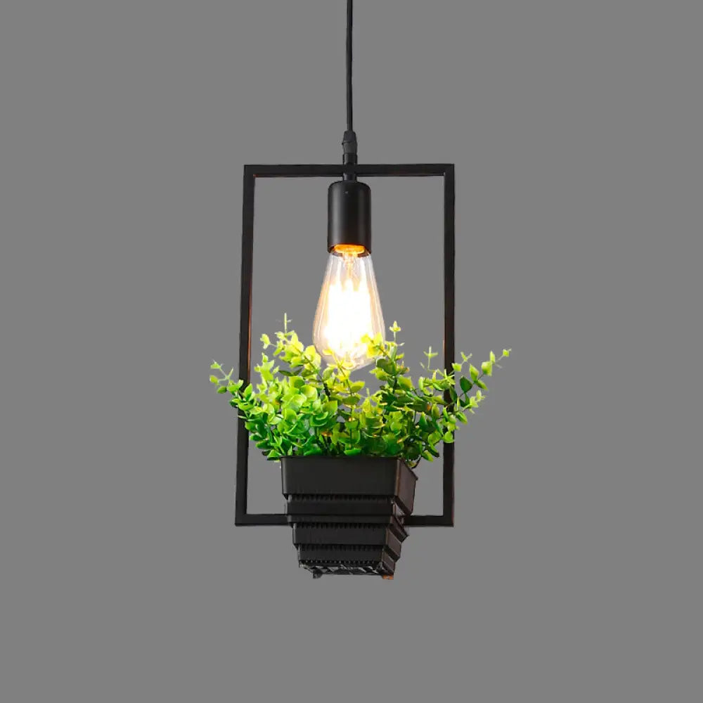 Vintage Geometric Hanging Lamp With Artificial Plant - Single-Bulb Iron Pendant In Black / A