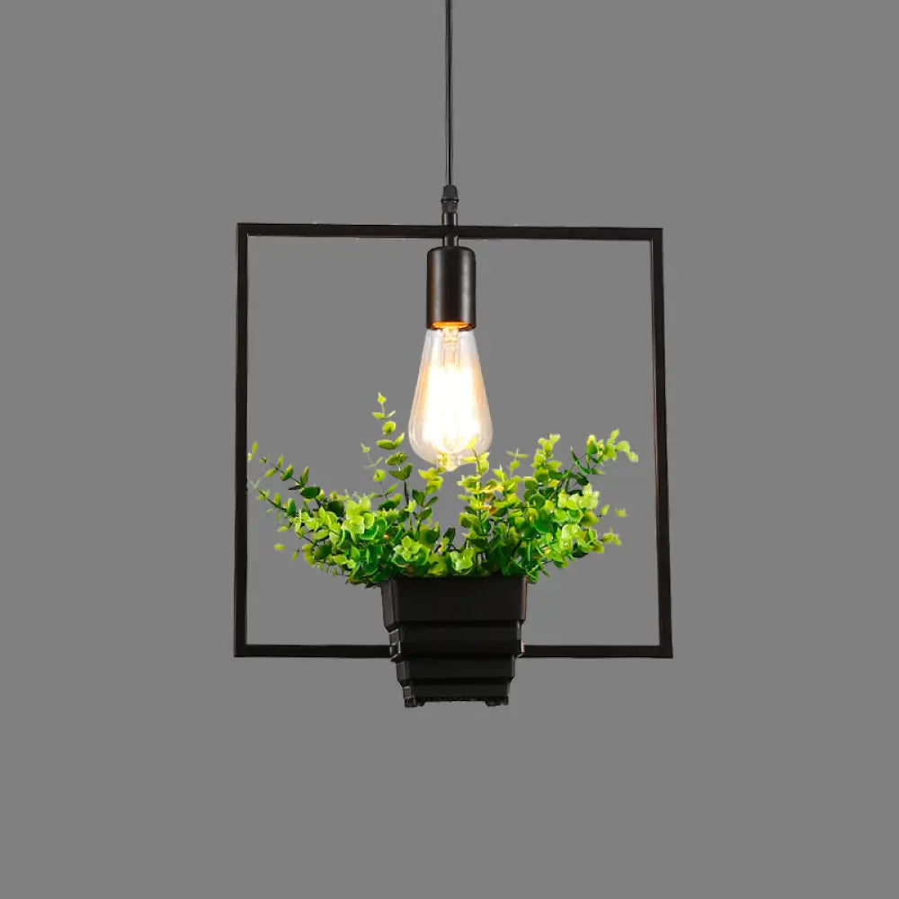 Vintage Geometric Hanging Lamp With Artificial Plant - Single-Bulb Iron Pendant In Black / B