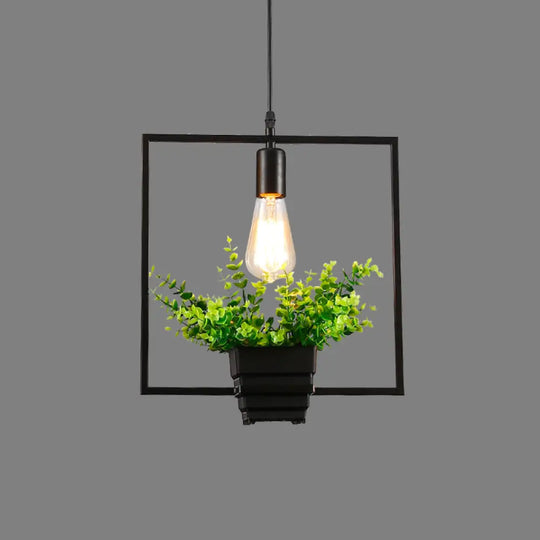 Vintage Geometric Hanging Lamp With Artificial Plant - Single-Bulb Iron Pendant In Black / B