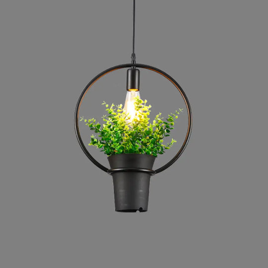 Vintage Geometric Hanging Lamp With Artificial Plant - Single-Bulb Iron Pendant In Black / C